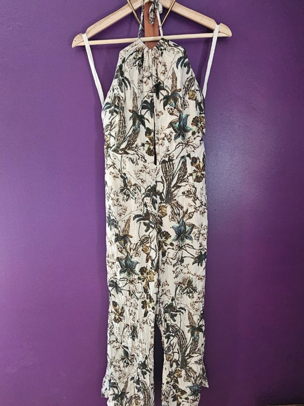 Free People Floral Halter Jumpsuit Plunging Open Back Tropical Cropped Capri 4